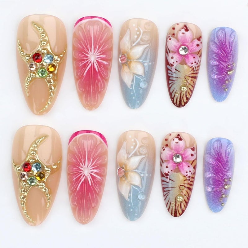 SEENEEY Long Press on Nails Almond Ombre Flowers Stick on Nail for Women 24pcs - Image 3